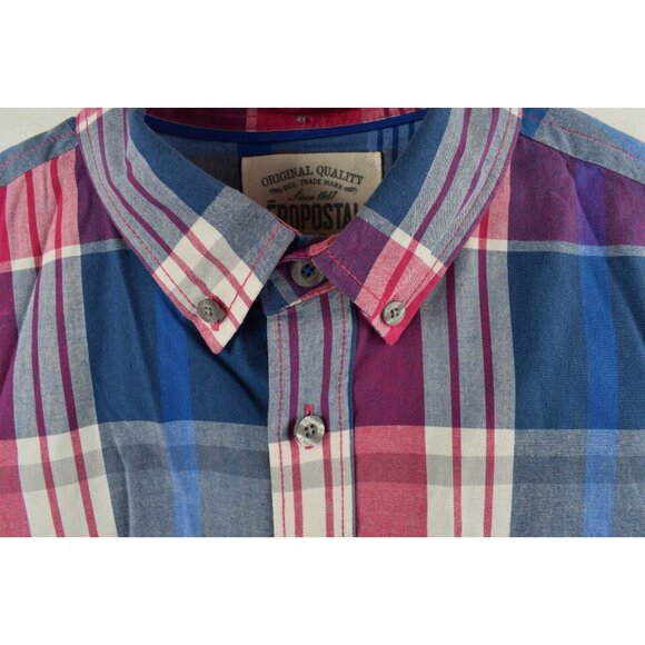 Aeropostle Mens Large Button Down Blue Plaid Cotton Long Sleeve Shirt - Picture 4 of 6